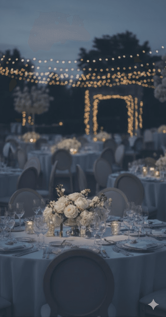 Elegant wedding reception with string lights and floral centerpieces