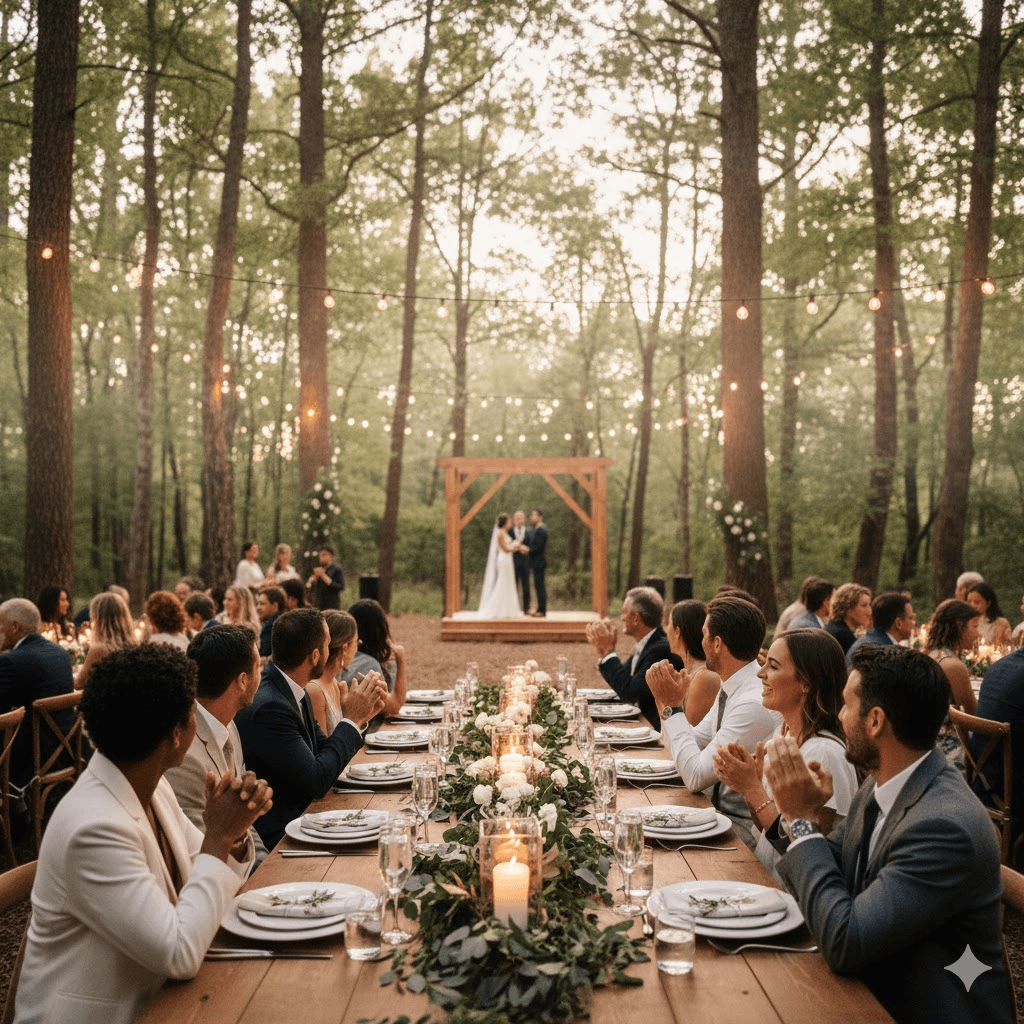 Elegant outdoor wedding reception with guests seated at a beautifully decorated table in a forest setting