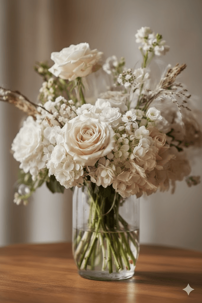 Beautiful floral arrangement in a vase with white flowers and candles